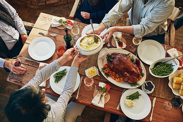 Overhead shot of Thanksgiving dinner feast