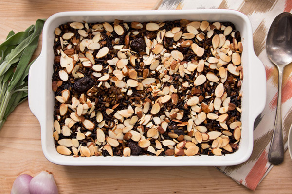 Healthy Thanksgiving Recipes from FIXATE Whole-Grain Stuffing casserole with almonds