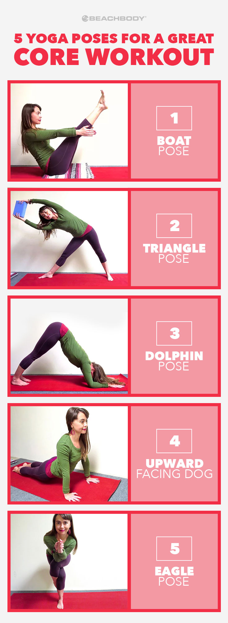Core workouts sometimes only engage one, or some, of your abdominal muscles. The core is not just one muscle, it is a group of intertwining muscles in the torso that work together to support your spine and pelvis. Check out these 5 Yoga poses for a awesome core workout for overall core strength.