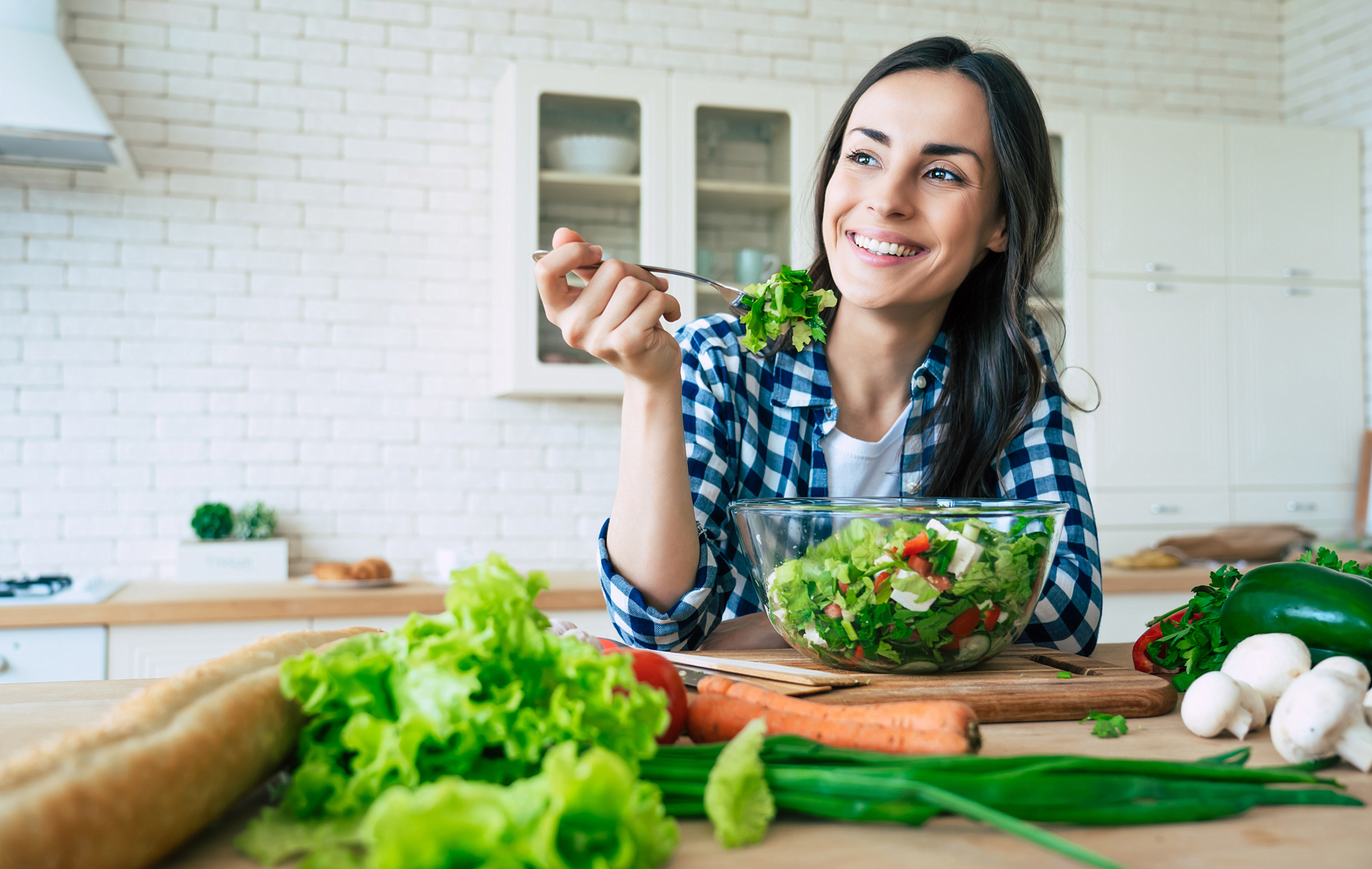 Woman Happily Eats Bowl of Salad | Mindfulness Tips