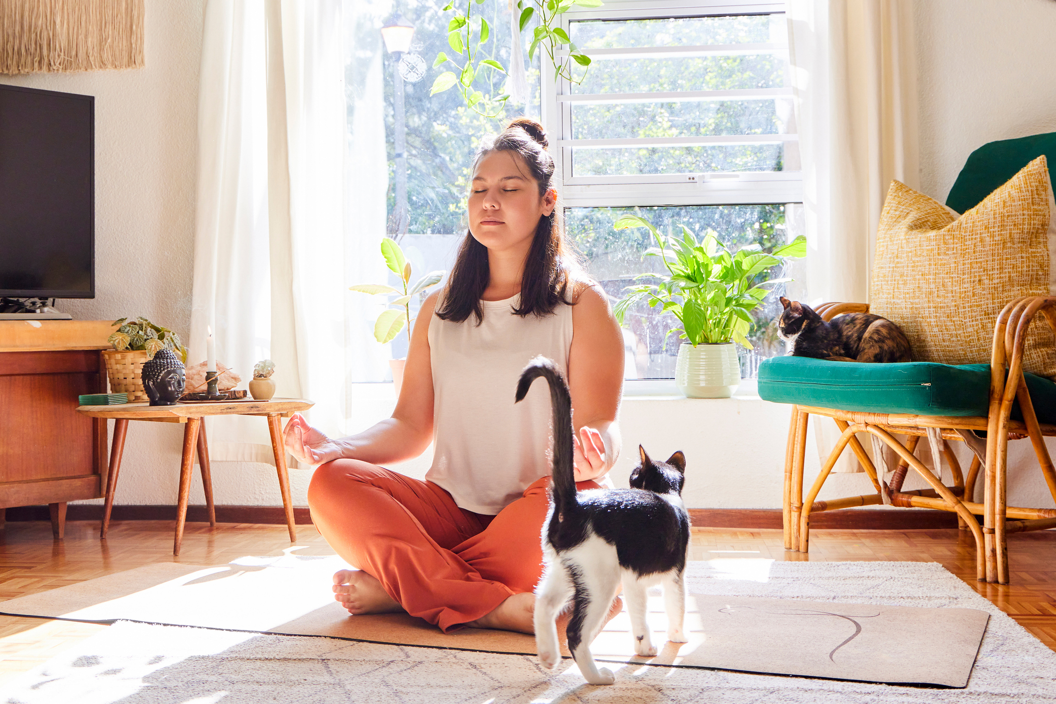 Woman Meditates at Home with Cat | Obstacles to Losing Weight