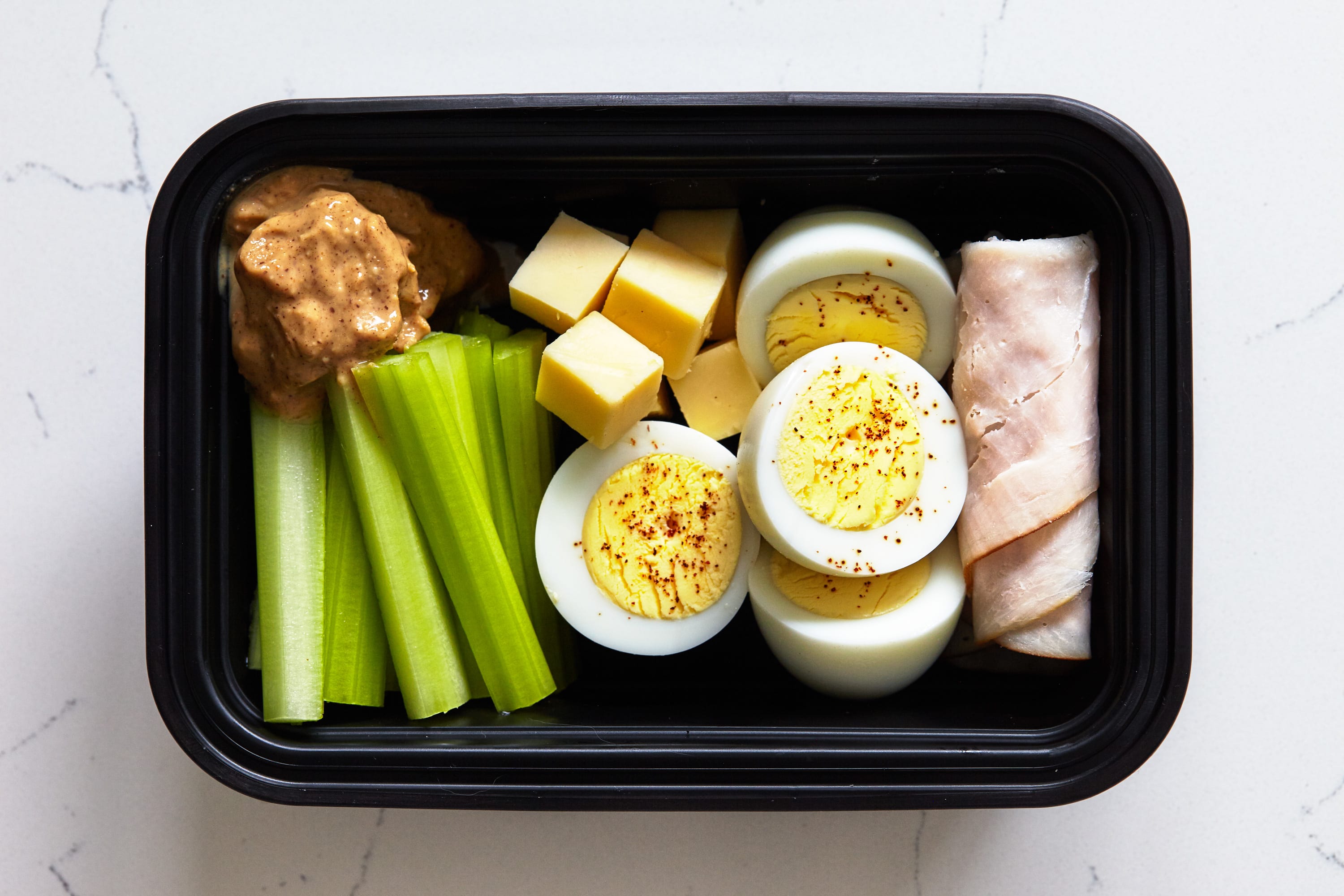 Simple No Cook Snacks with Celery, Peanut Butter, Eggs, turkey