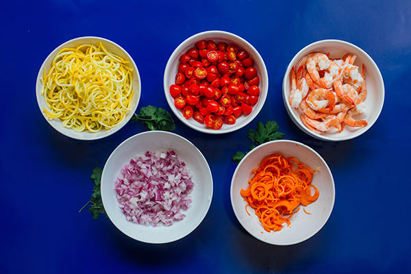 Carrot and Squash Noodles With Shrimp and Tomatoes