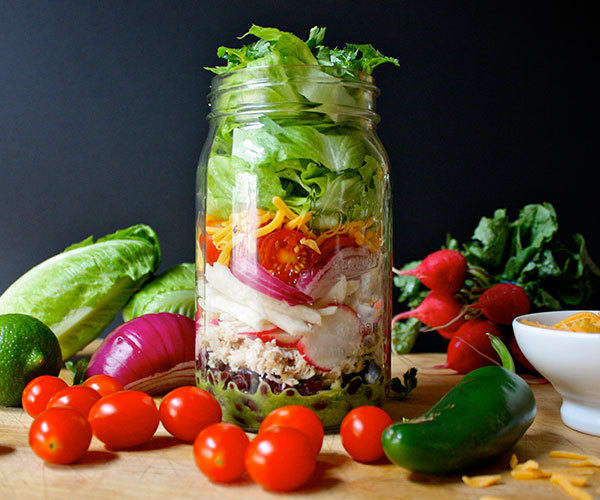 Chicken and Black Bean Burrito Salad in a Mason Jar