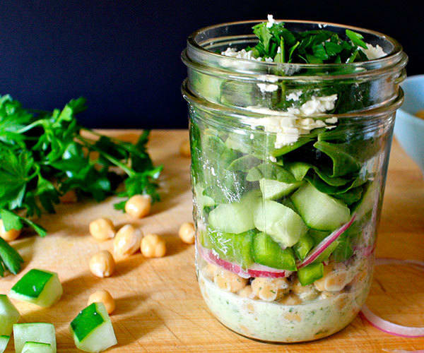 Chickpea Salad with Minty Yogurt Dressing in a Mason Jar