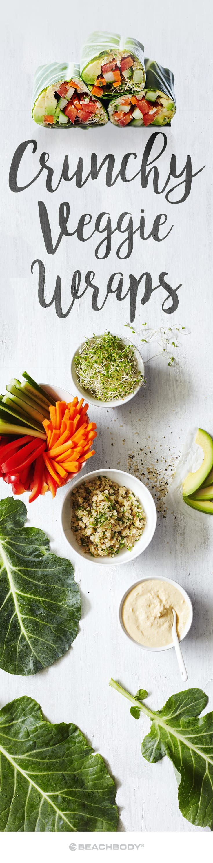 These veggie wraps made with collard greens and loaded with goodness are an easy dinner when it's too hot to cook, and they're a perfect brown bag lunch.