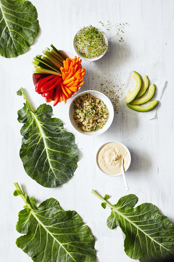 These veggie wraps made with collard greens and loaded with goodness are an easy dinner when it's too hot to cook, and they're a perfect brown bag lunch.