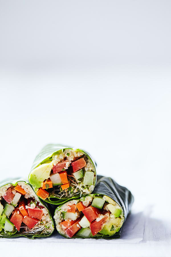 These veggie wraps made with collard greens and loaded with goodness are an easy dinner when it's too hot to cook, and they're a perfect brown bag lunch.