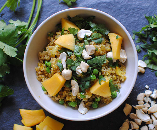 Curried Quinoa and Peas with Cashews and Fresh Mango