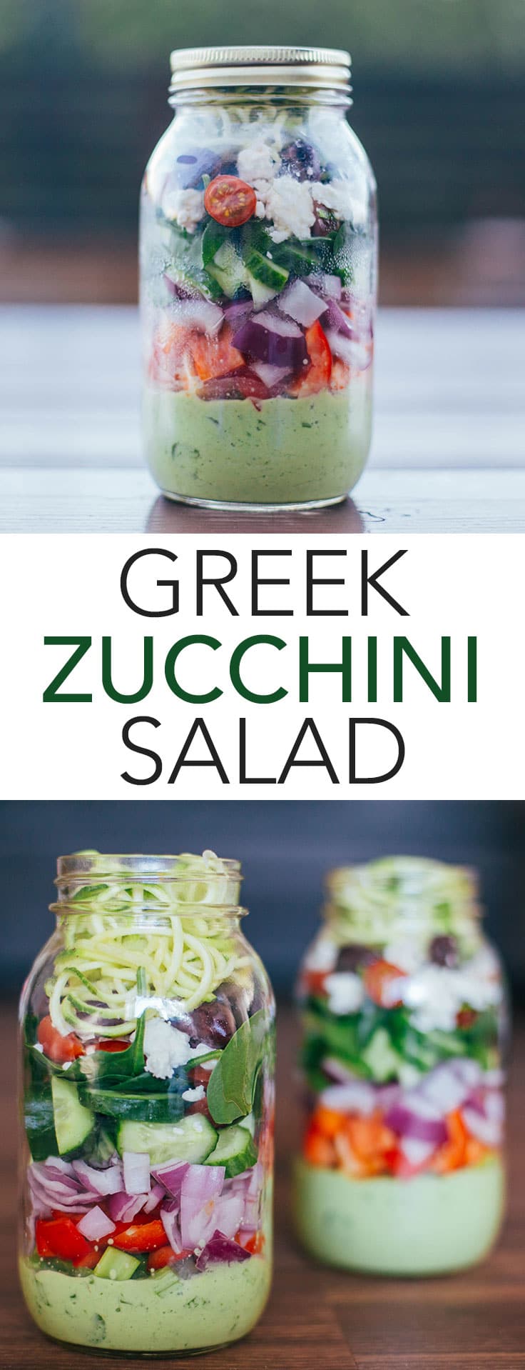This Greek zucchini salad pairs two of our favorite healthy food trends – zucchini noodles and Mason jar salads – into one recipe.