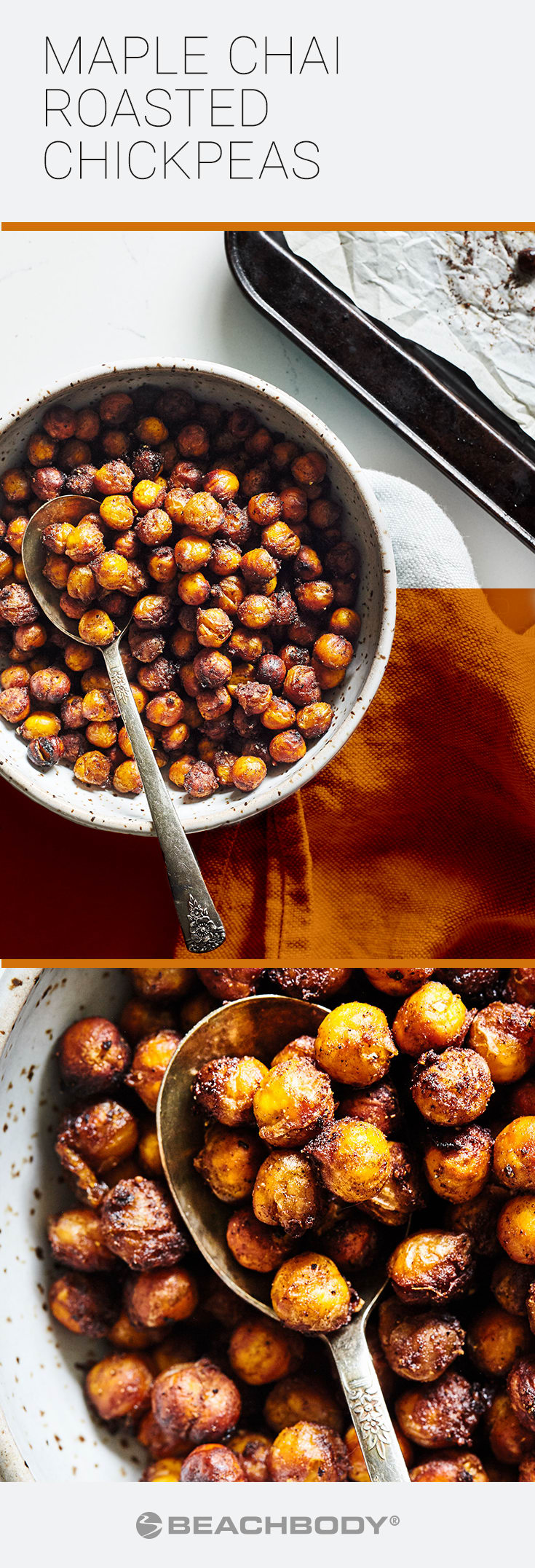 These Maple Chai Roasted Chickpeas are a cravable crunchy snack featuring savory a ginger, cardamom, and clove spice blend.