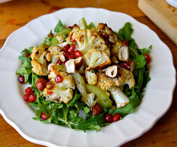 Roasted Cauliflower Salad with Pomegranate and Hazelnuts