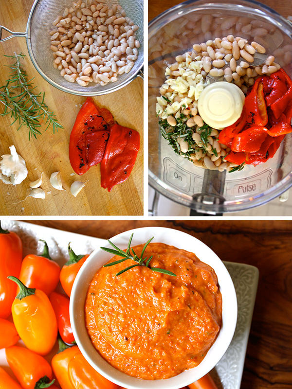This garlicky Roasted Red Pepper Hummus is absolutely delicious with freshly chopped rosemary, creamy white beans, and a hint of olive oil.