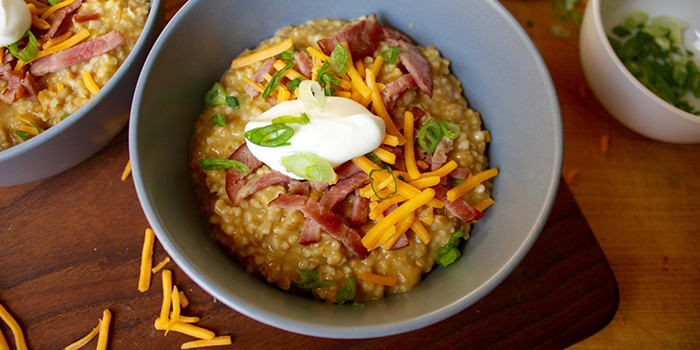 Savory Irish Oats With Turkey Bacon, Cheddar, and Chives