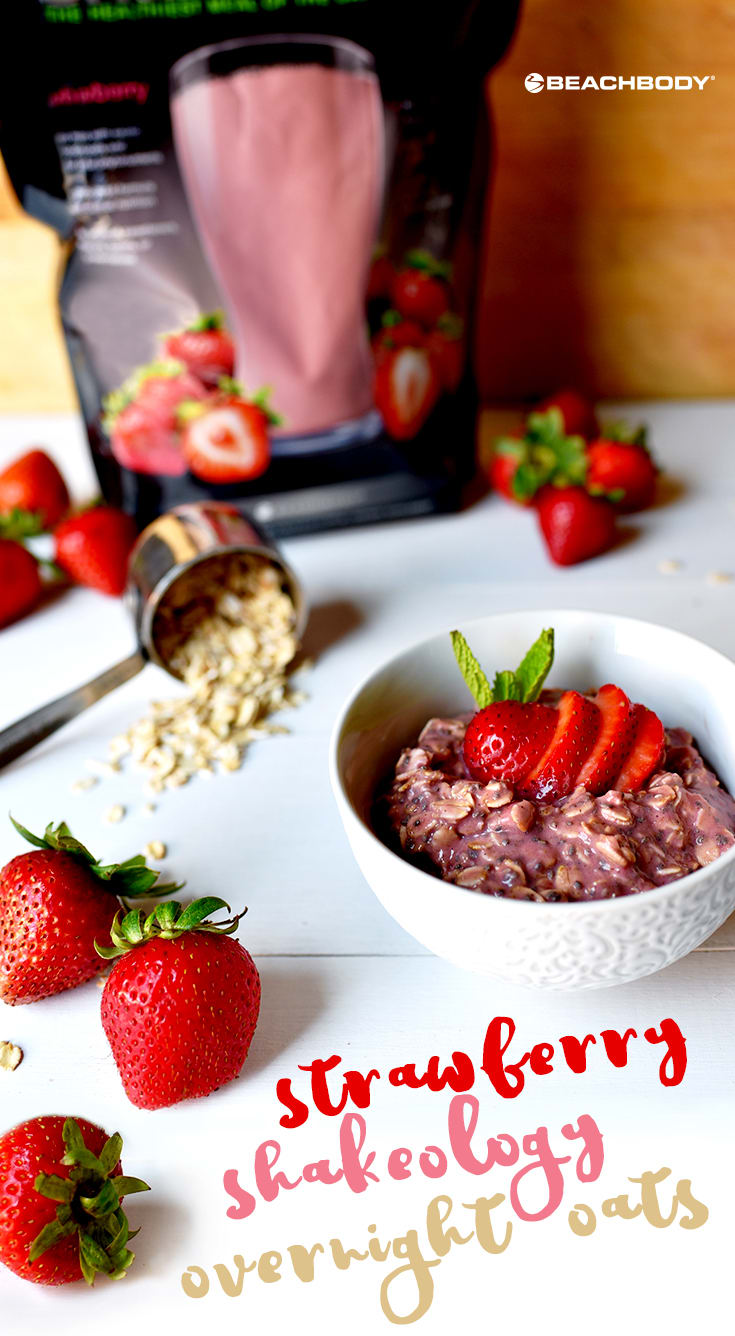 These Strawberry Overnight Oats are made with old-fashioned rolled oats, sea salt, nutritious chia seeds, almond milk and creamy Strawberry Shakeology.