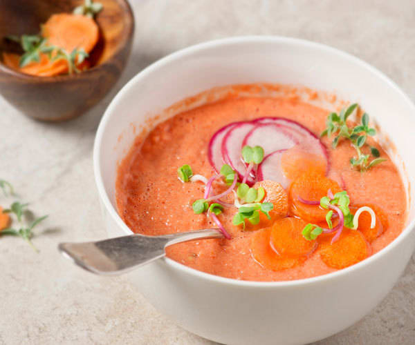 tomato and watermelon gazpacho soup with radishes and carrots recipe