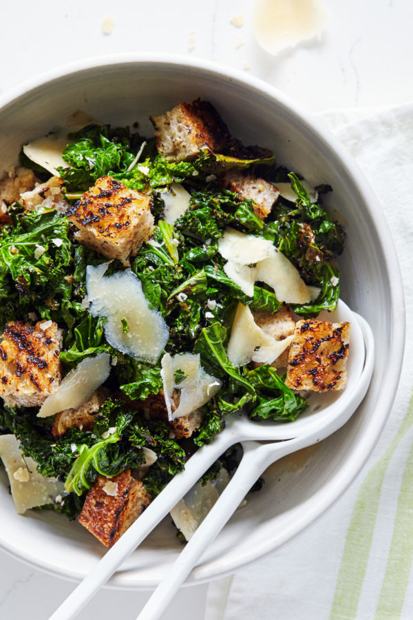 Healthier Caesar Salad - Grilled Kale Salad with Croutons and Parmesan Cheese