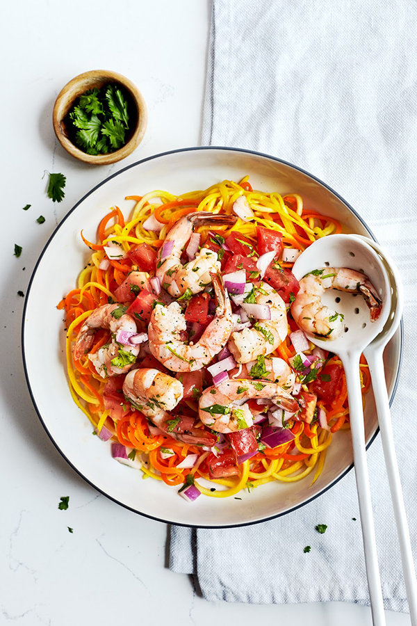 This quick shrimp recipe with fresh tomato salsa is served over spiralized carrot and squash noodles. It’s easy to make and high in protein!