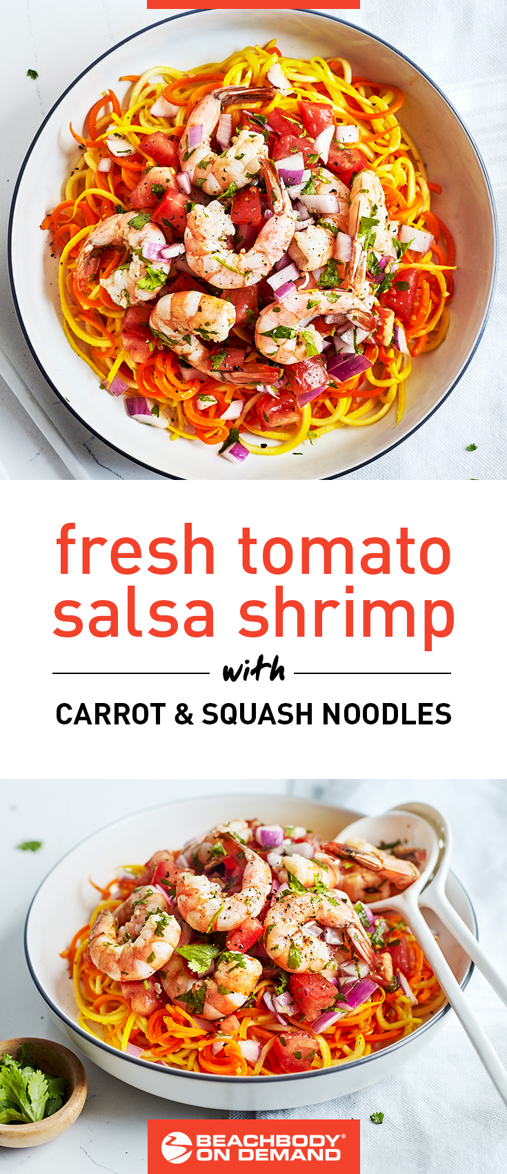 This quick shrimp recipe with fresh tomato salsa is served over spiralized carrot and squash noodles. It’s easy to make and high in protein!