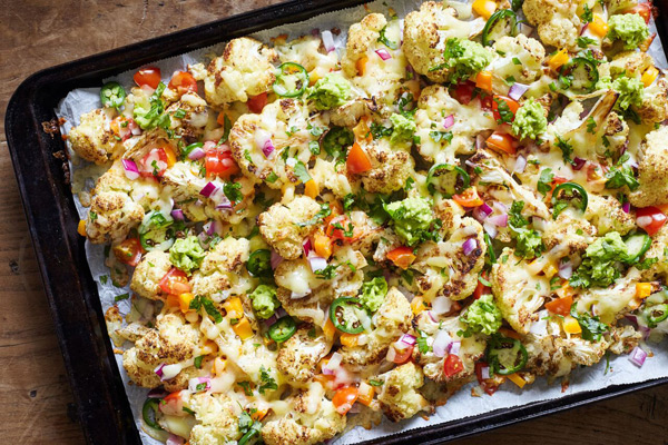 Double Time Family Recipes, Cheesy Cauliflower Nachos sheet pan recipe