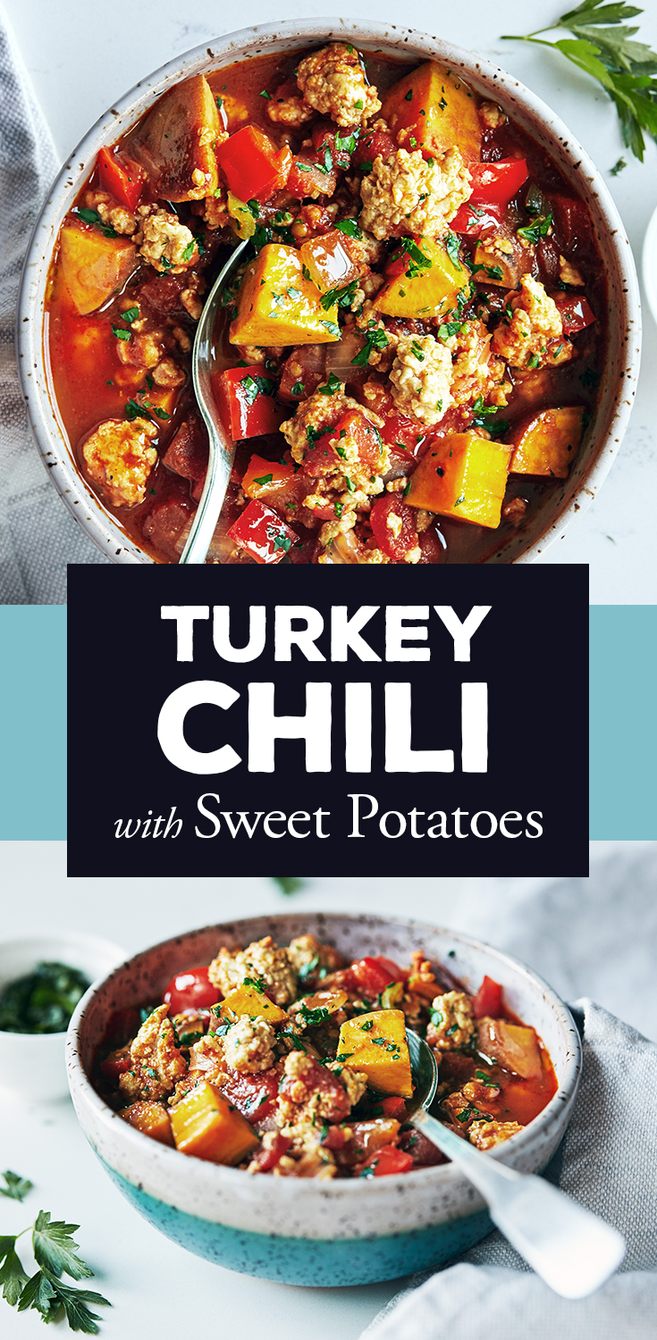 Mix up your chili routine with this Easy Turkey Chili recipe made with lean ground turkey and sweet potatoes. 