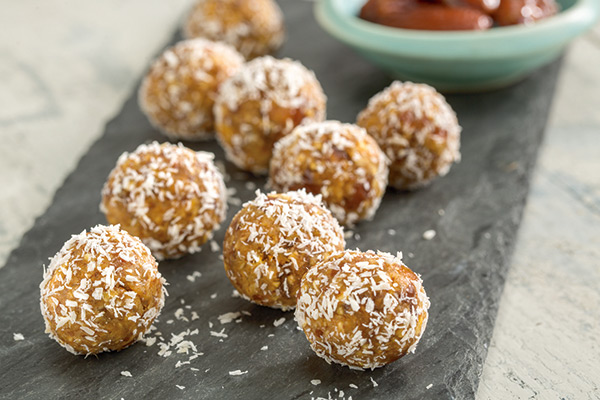 Double Time Family Recipes, pumpkin pie energy bites with shredded coconut, no-bake energy balls