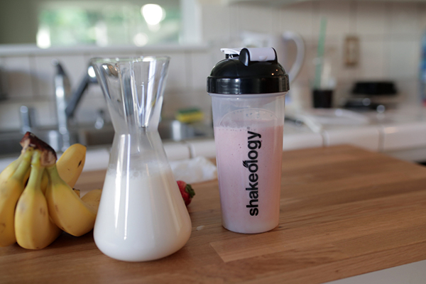 Strawberry Shakeology with milk and bananas