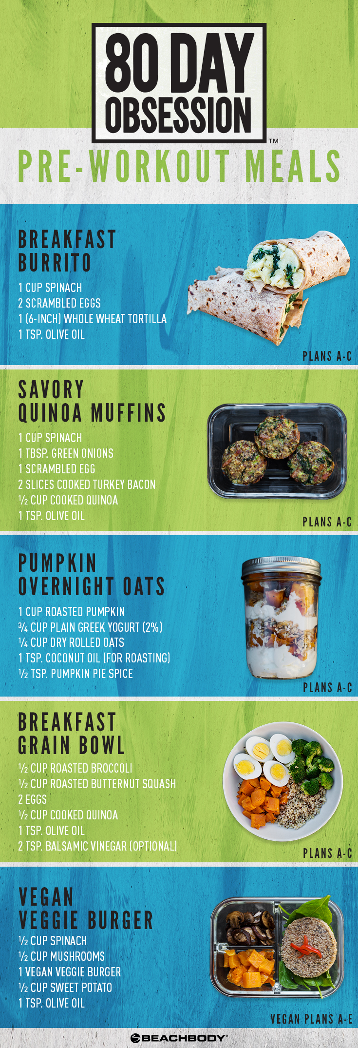 Pre-Workout Meals for 80-Day Obsession include a breakfast burrito, savory quinoa muffins, pumpkin overnight oats, breakfast grain bowl, and vegan veggie burger