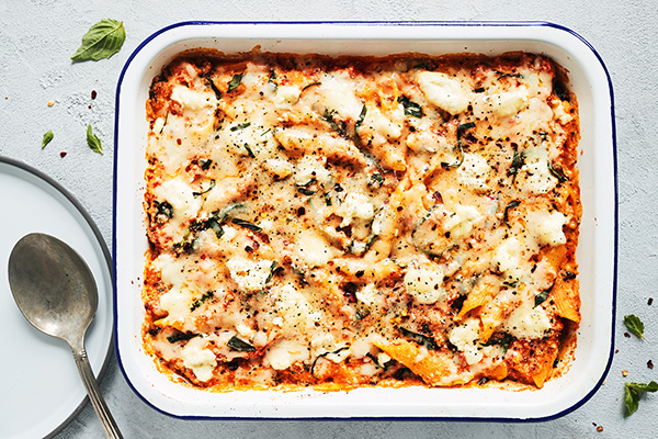 Baked Ziti with Spinach vegetarian casserole recipe for an easy weeknight dinner