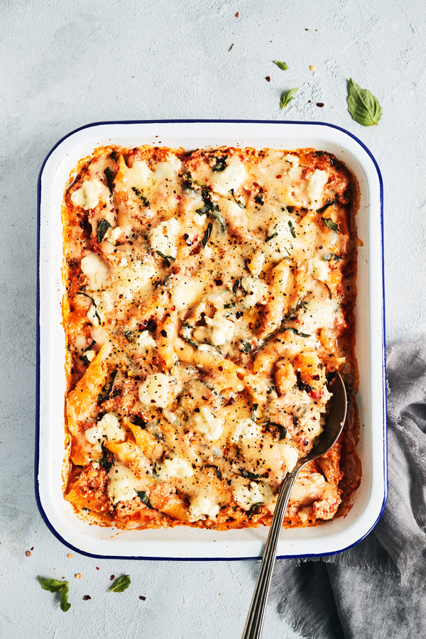 Baked Ziti with Spinach vegetarian casserole recipe for an easy weeknight dinner