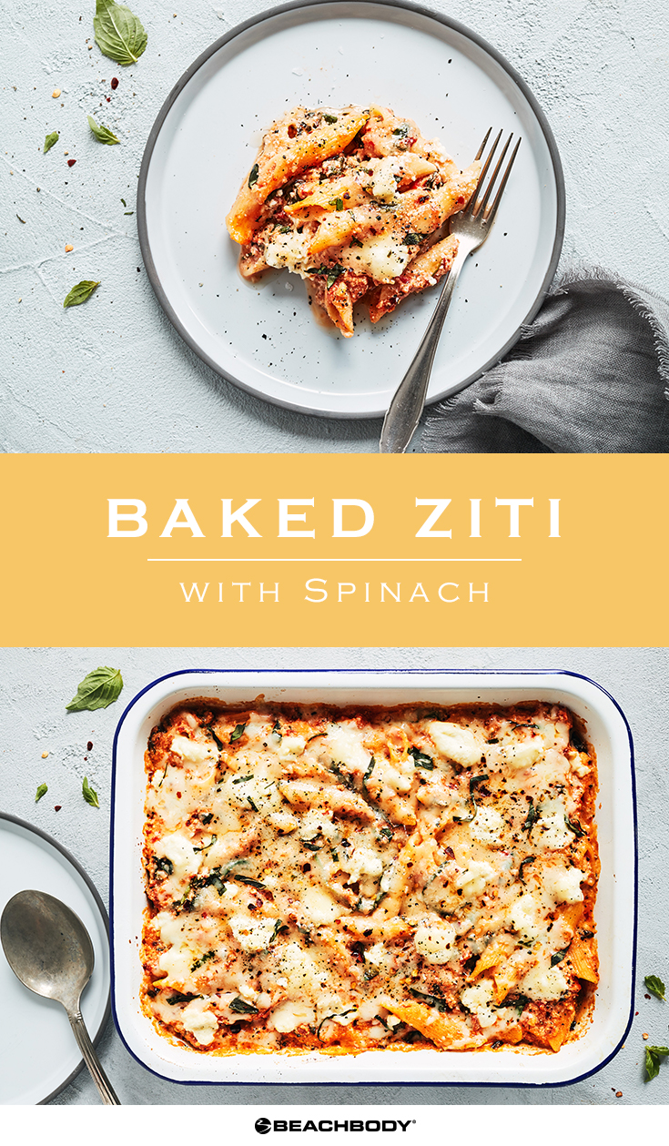 Baked Ziti with Spinach vegetarian casserole recipe for an easy weeknight dinner