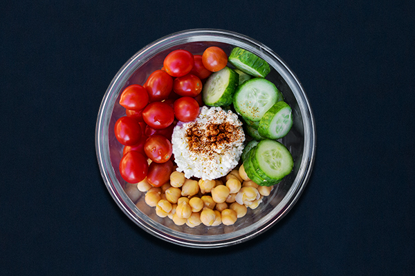 Post-Workout Meals for 80 Day Obsession, cottage cheese with tomatoes, cucumber, and chick peas