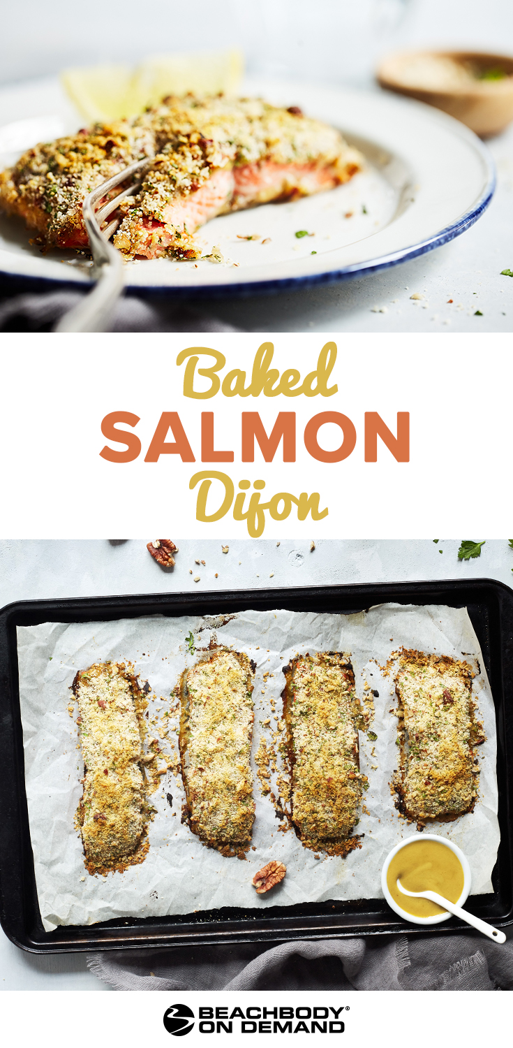 Easy and healthy Baked Salmon Dijon recipe breaded with breadcrumbs, crushed pecans, and fresh herbs for a simple sheet pan dinner.
