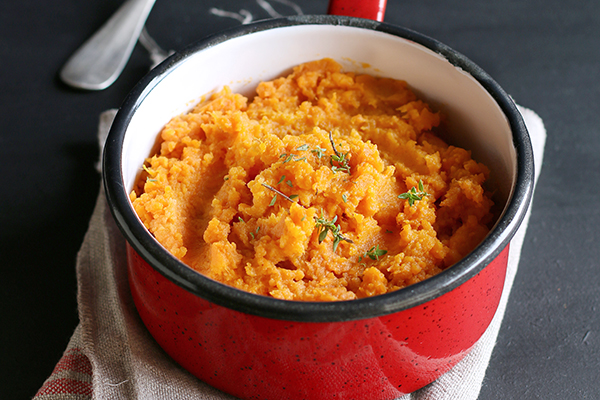 Mashed sweet potatoes in a pot