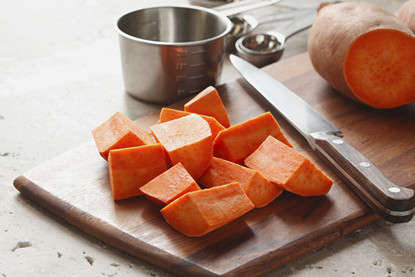 Sweet Potato chunks on cutting board