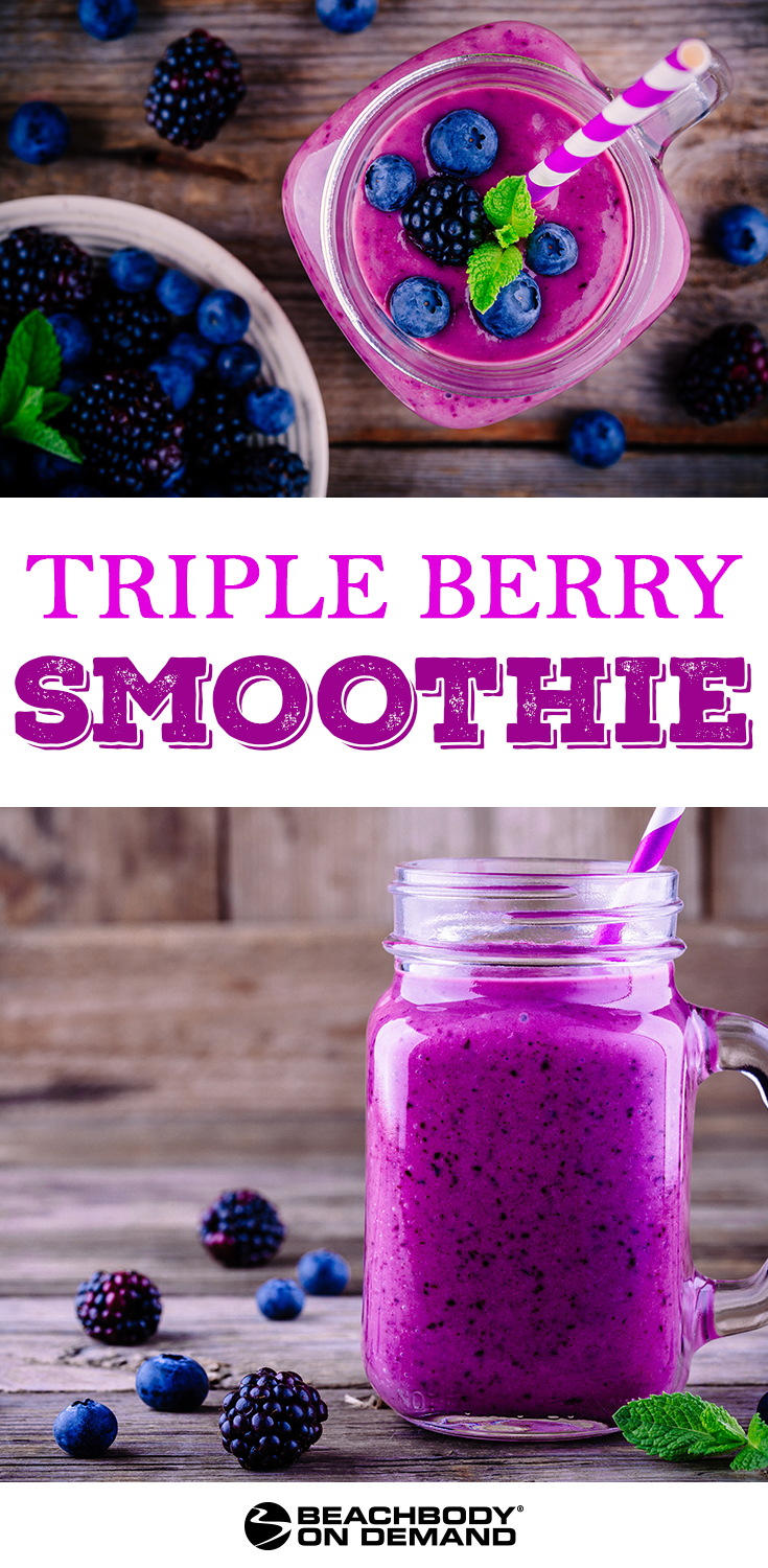 Triple Berry healthy breakfast smoothies in Mason jars
