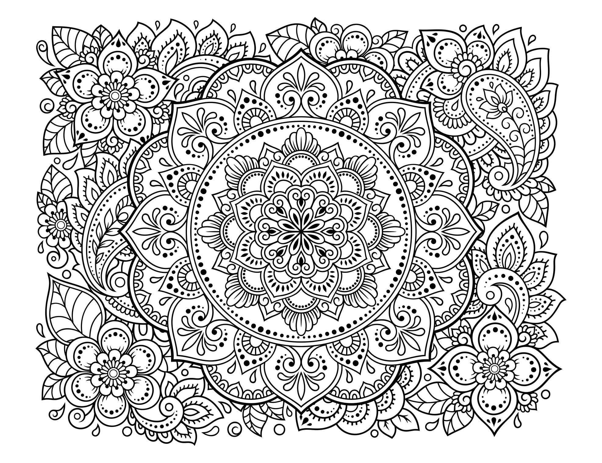 Colouring page for adults, mandala, yoga image, warrior 1, white