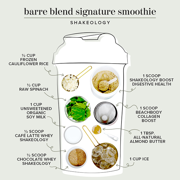 Barre Blend smoothie ingredients in a shaker cup