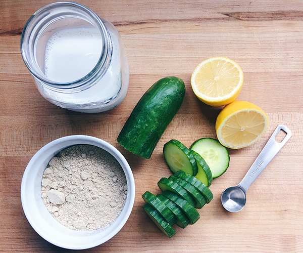 Cucumber Lemon vanilla Shakeology in a glass