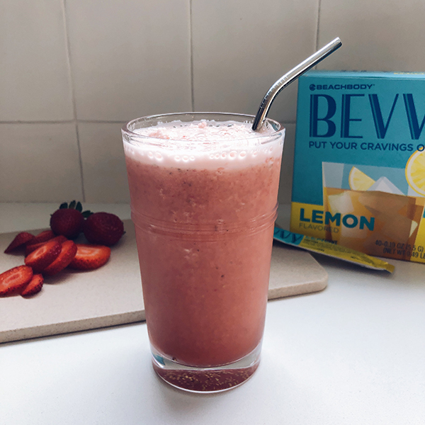 Strawberry Basil Bevvy Lemonade in a glass