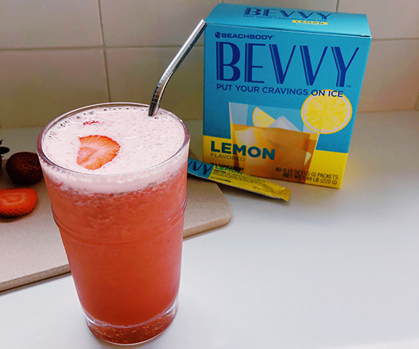 Strawberry Basil Bevvy Lemonade in a glass