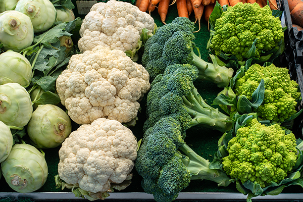 Heads of cauliflower in produce section