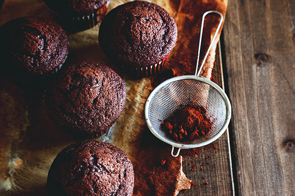 chocolate muffins on a wooden table