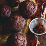 chocolate muffins on a wooden table