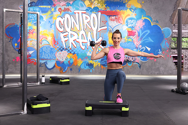 Autumn Calabrese using an aerobic step in a 9 Week Control Freak workout