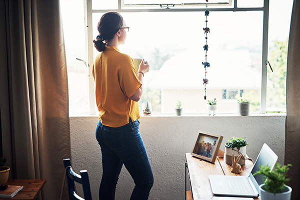 Woman taking a break from Zoom meetings