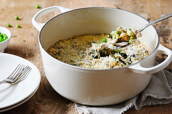 Tuna noodle casserole in a pot