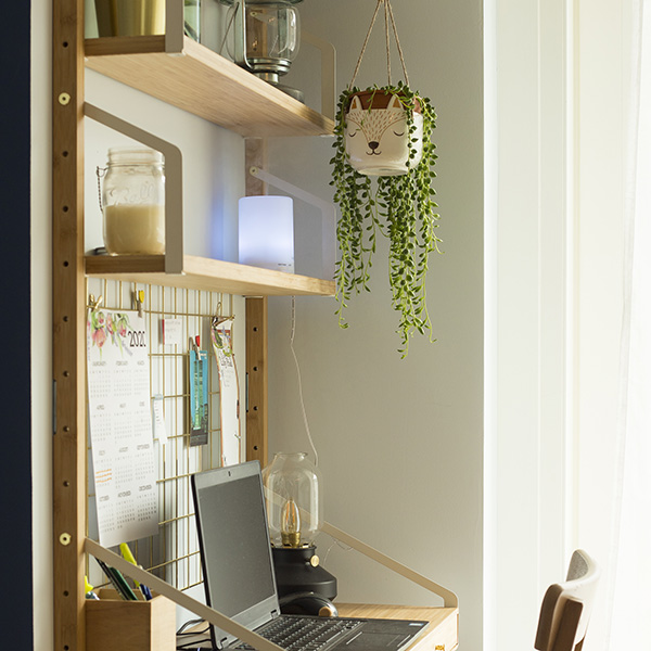 Small working from home area, with desk and decorations.