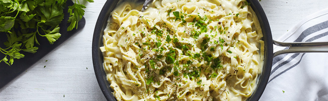 Fettuccine Alfredo in a pan