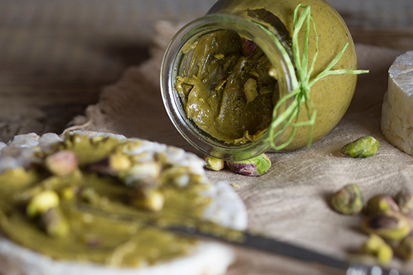 Pistachio nut butter in glass bottle